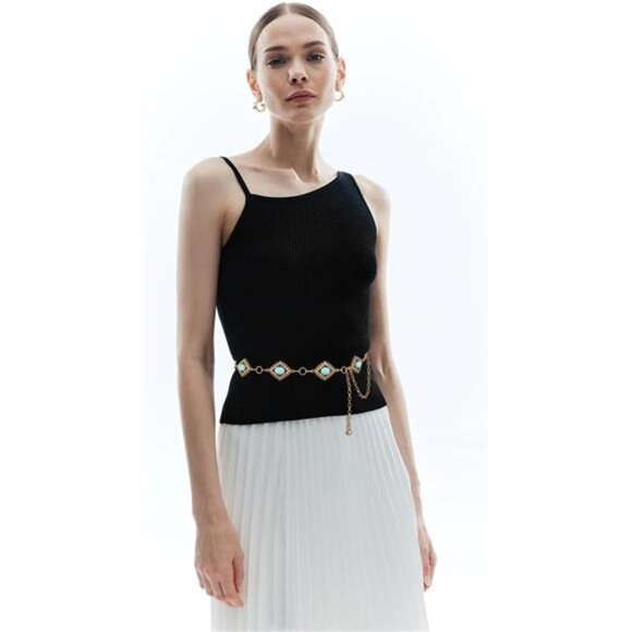 Turquoise Inlay Adjustable Waist Chain Belt – Retro Western Boho Jewelry - Picture 2 of 3